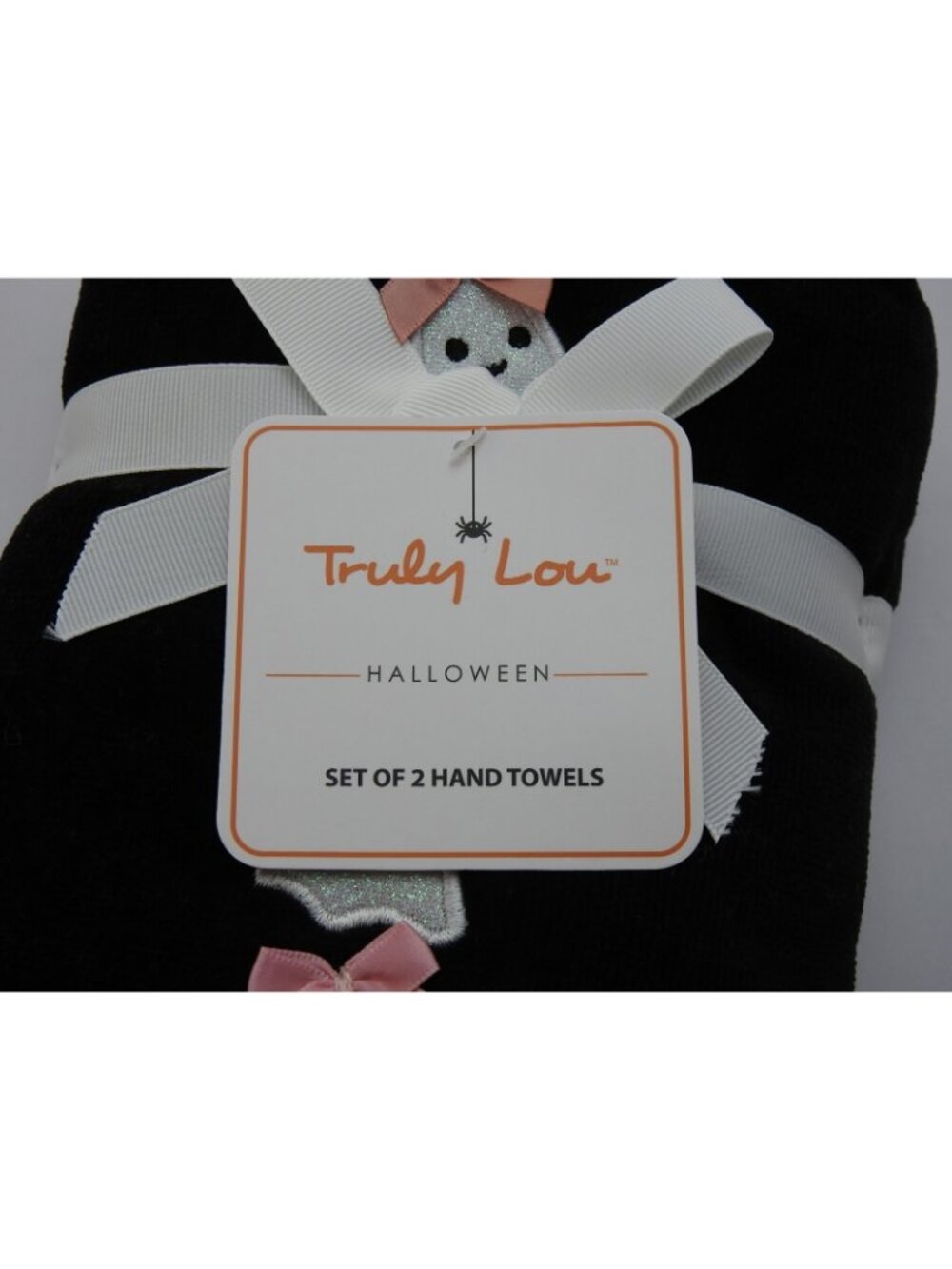 Truly Lou Halloween Hand Towels Set 2 Black Pink Ghost Bow Spooky Cute NWT - Picture 4 of 6
